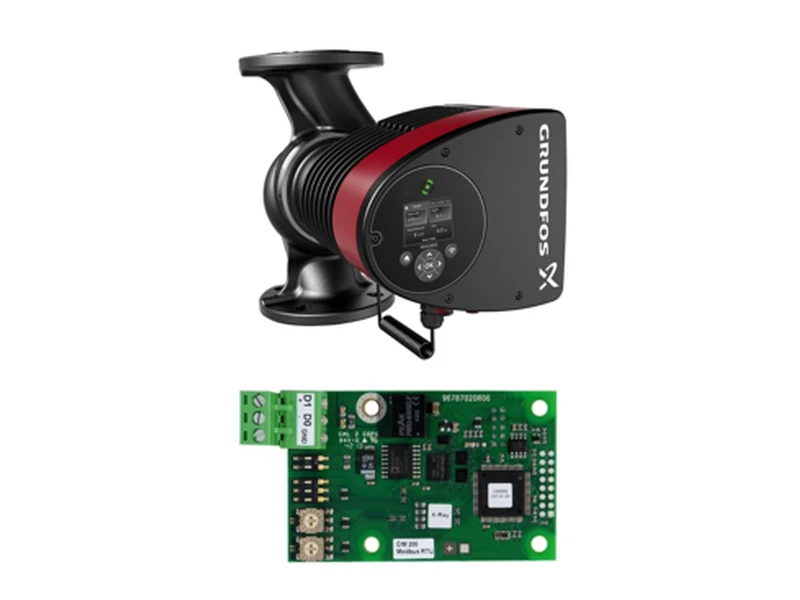 Grundfos Pumpe und grüne Platine des Modbus-RTU-Moduls CIM 200